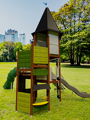 Image rendue d'une tour d'aire de jeux en vert et en bois.